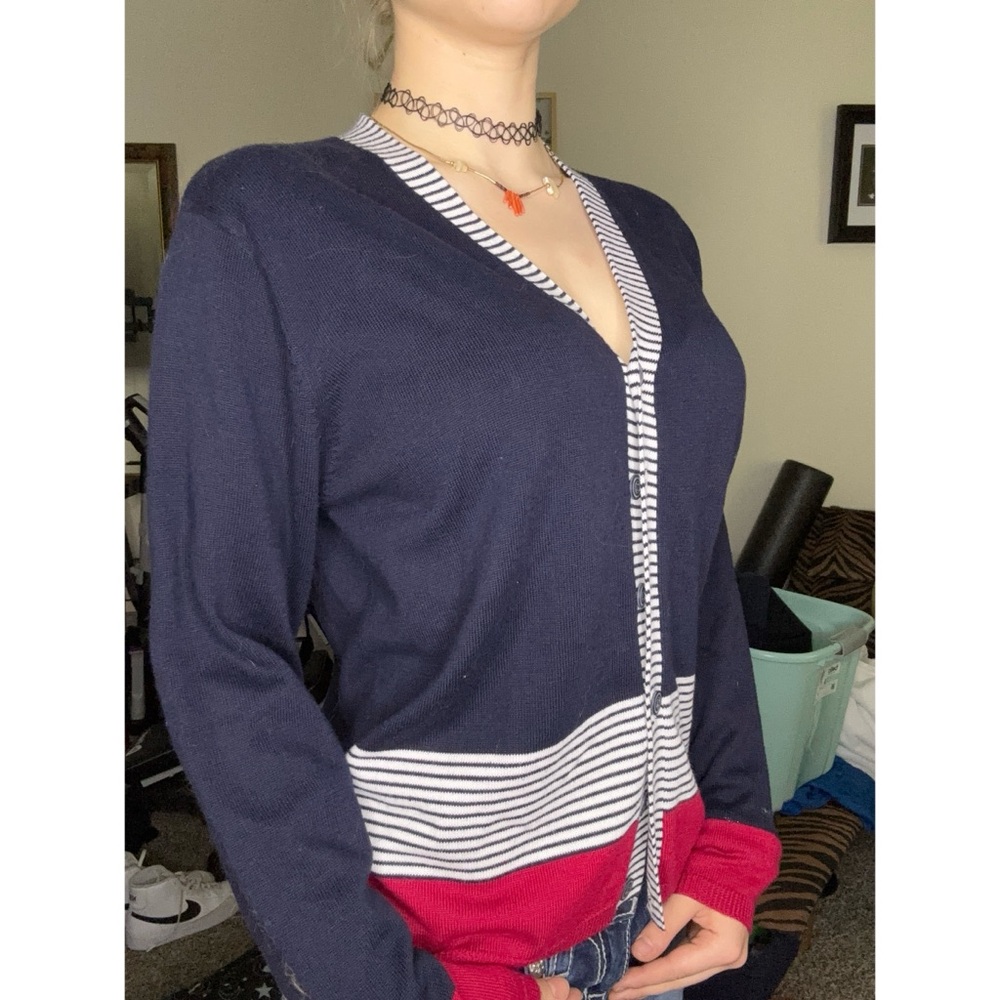 Christopher & Banks Blue and Red Cardigan Sweater